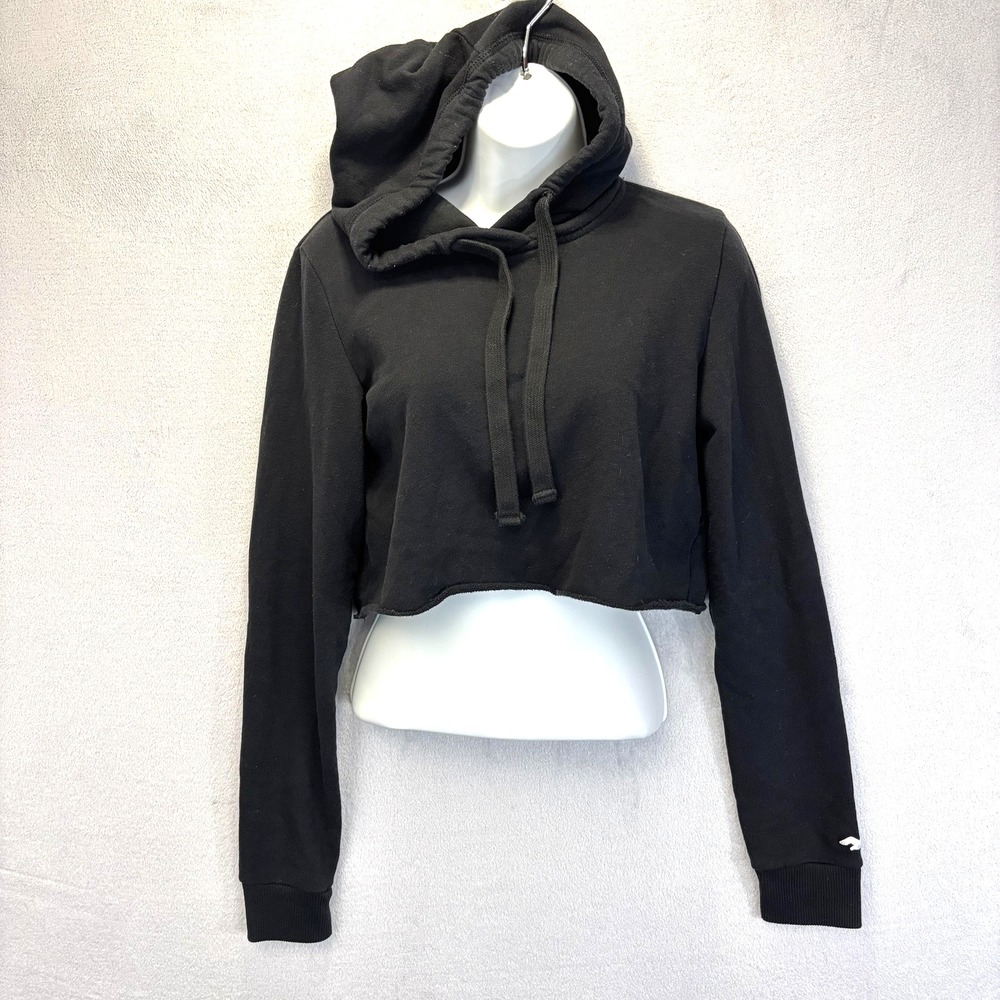 Hollister Cropped Hoodie Womens Small Black Fleece Pullover Sweatshirt Top